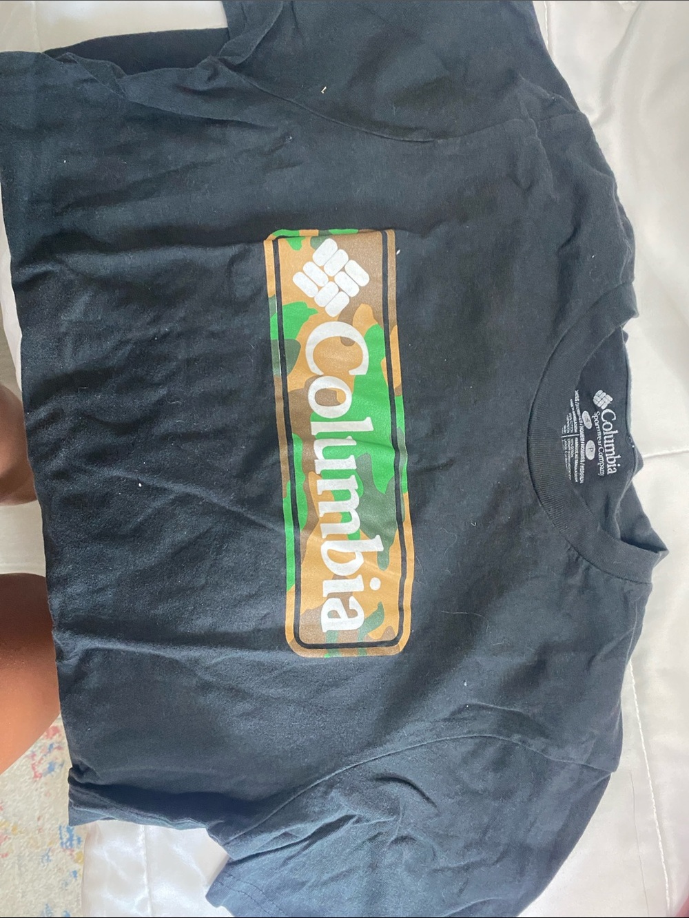 Columbia Black Tee with Green & Brown Camo Logo